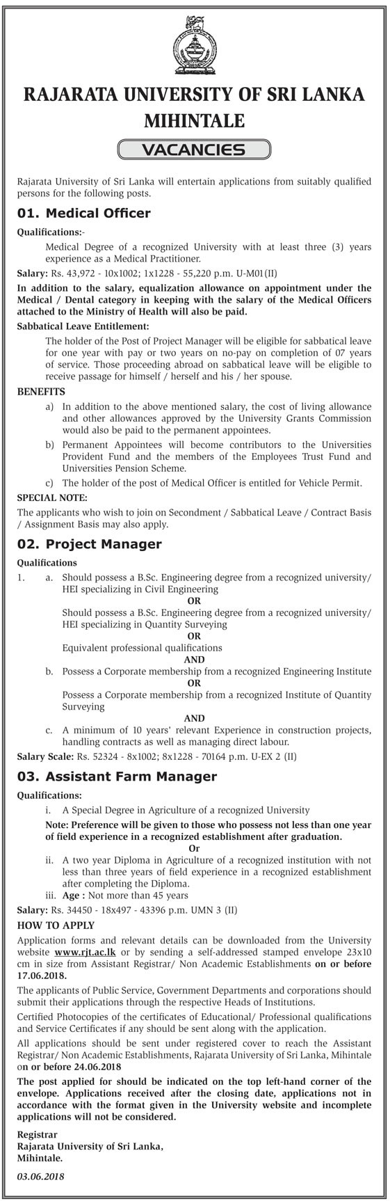 Medical Officer, Project Manager, Assistant Farm Manager - Rajarata University - Mihintale